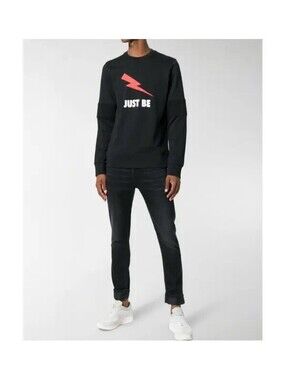 NEIL BARRETT Men Crewneck Sweatshirt Just Be Thunderbolt Large Black Slim Fit